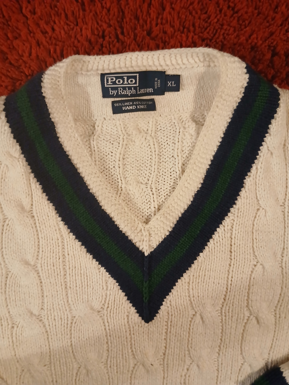 Polo by Ralph Lauren White Cable-Knit V-Neck Sweater with Navy & Green Trim - Picture 3 of 8